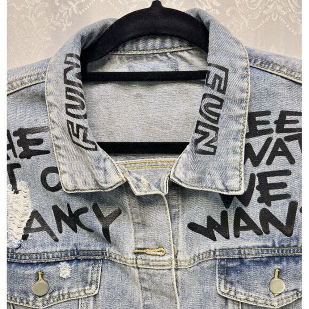 Pre-Loved - Blue Graffiti Jacket - Trendy Distressed Style - Women - See Images - Picture 4 of 17